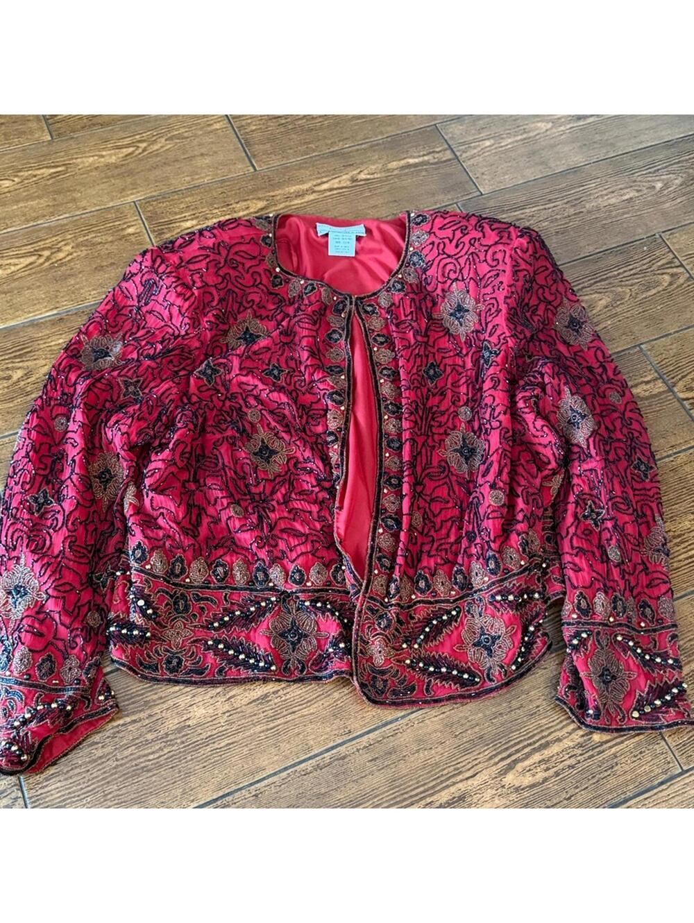 Vintage Papell Boutique Evening Beaded Silk Trophy Jacket L Red Black Gold Glam